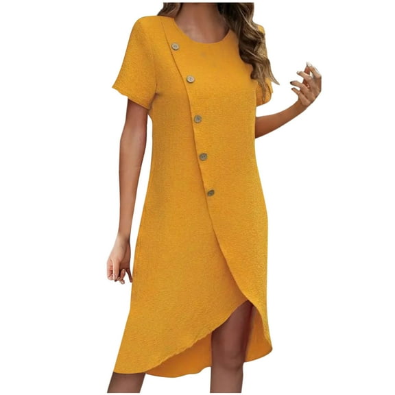 Casual Summer Dresses For Women Sevevn Women's Fashion Casual Solid Color Button Round-Neck Irregular Dress