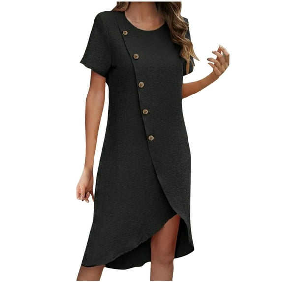 Casual Summer Dresses For Women Sevevn Women's Fashion Casual Solid Color Button Round-Neck Irregular Dress