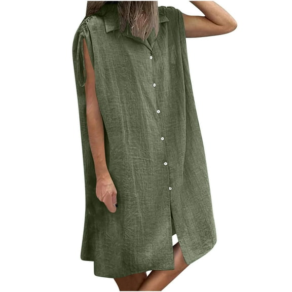 Casual Summer Dresses For Women Sevevn Women's Summer Imitation Cotton And Linen Lapel Solid Color With Pockets Shoulder Drawstring Dress