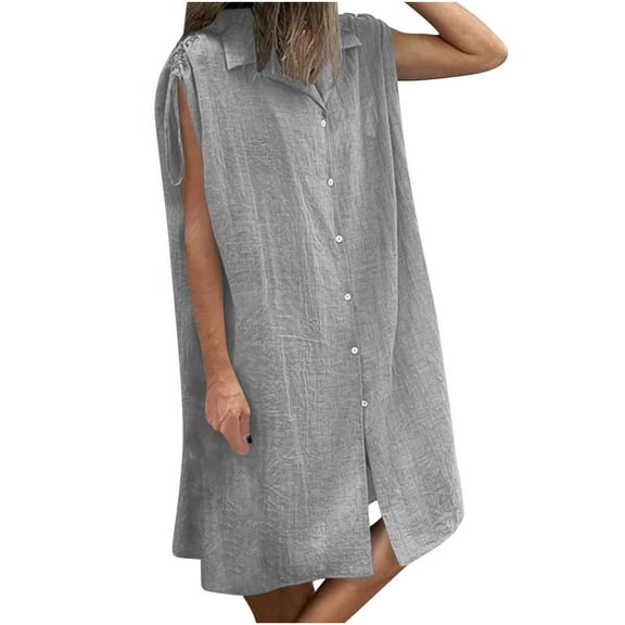 Casual Summer Dresses For Women Sevevn Women's Summer Imitation Cotton And Linen Lapel Solid Color With Pockets Shoulder Drawstring Dress