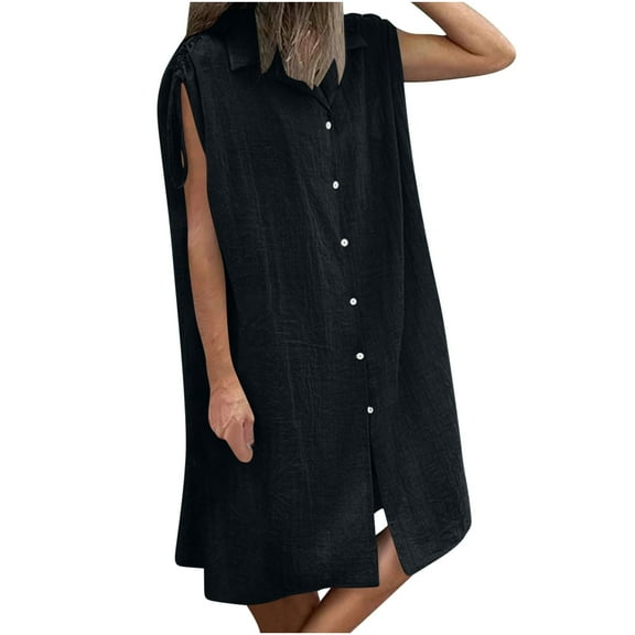 Casual Summer Dresses For Women Sevevn Women's Summer Imitation Cotton And Linen Lapel Solid Color With Pockets Shoulder Drawstring Dress