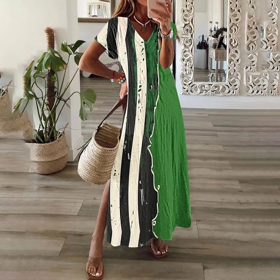 Casual Summer Dresses for Women Womens Dress Summer Women Holiday Dresses Womens Spring And Summer V-Neck Solid Casual Short Sleeved Long Dress B Multicolor XXL
