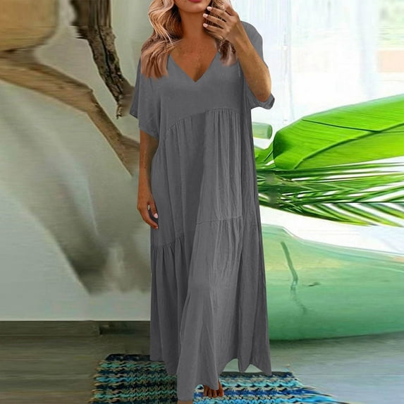 Casual Summer Dresses for Women, Fashion Women's Casual Short Sleeve Solid V-Neck Ladies Dress Long Dress(Gray,S)
