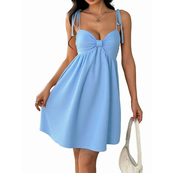 Casual Summer Dresses for Women Flowy Sun Dress Mini Slip Dress Cute Spaghetti Strap Dress Blue M