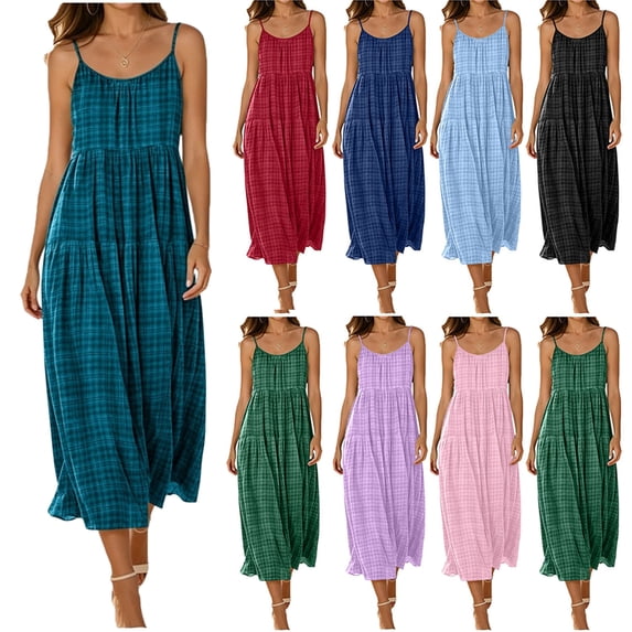 Casual Summer Dresses for Women Ndbuld Women Fashion Casual Round-Neck Sleeveless Dress Print Fold Dress Mint Green L