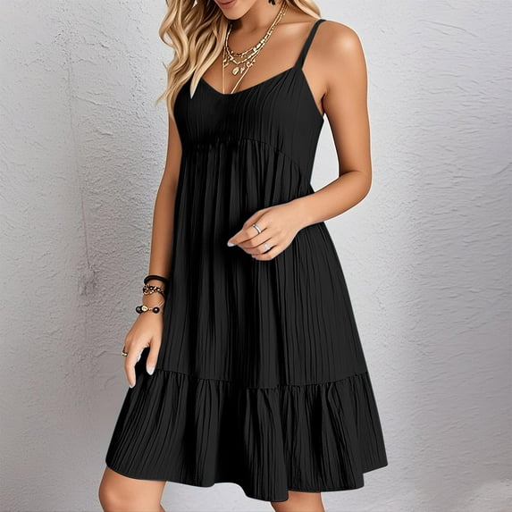 Casual Summer Dresses for Women New Ladies' Summer V-Neck Strap Solid Color Dress Black S-3Xl