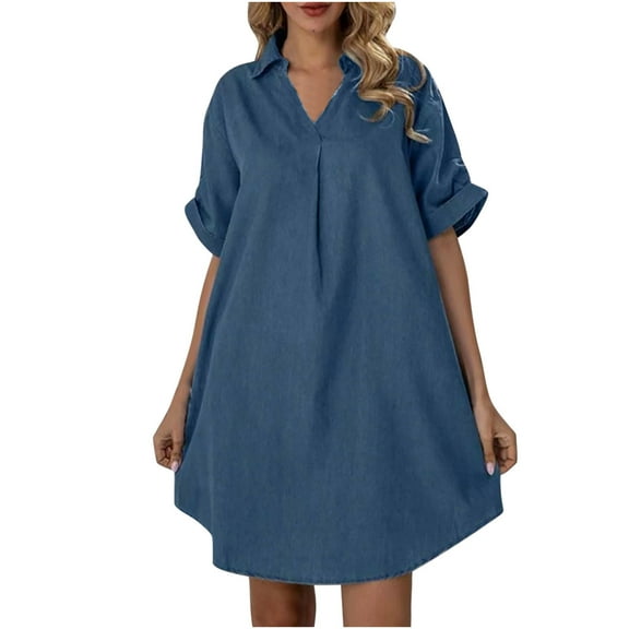 Casual Summer Dresses for Women Roll up Short Sleeve Loose Solid Shirt Dress Lapel V-Neck Flowy Short Dress for Women