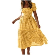 Casual Summer Dresses for Women Short Sleeve Trendy Printed Beach Midi Dress Square Neck Pleated Swing Boho Sundress