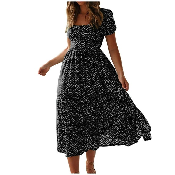 Casual Summer Dresses for Women Short Sleeve Trendy Printed Beach Midi Dress Square Neck Pleated Swing Boho Sundress