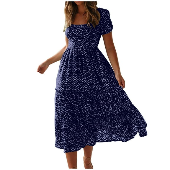 Casual Summer Dresses for Women Short Sleeve Trendy Printed Beach Midi Dress Square Neck Pleated Swing Boho Sundress