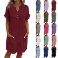 thumbnail image 1 of Casual Summer Dresses for Women Short Sleeve Womens Summer Casual Fashion Solid Color Short Sleeved V-neck Button Double Pocket Dress Wine S, 1 of 6