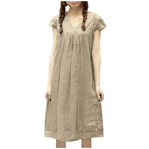 Casual Summer Dresses for Women Solid Short Sleeve Cotton Linen Dress V-Neck Ruched Loose Comfy Midi T Shirts Dress
