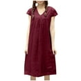 thumbnail image 1 of Casual Summer Dresses for Women Solid Short Sleeve Cotton Linen Dress V-Neck Ruched Loose Comfy Midi T Shirts Dress, 1 of 7