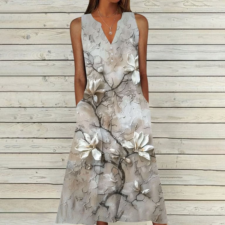 Xdegoge Casual Summer Dresses for Women Summer V Neck Sleeveless Maxi Dress Floral Botanical Print Casual Flowy Sundress with Pockets, Women's, Size
