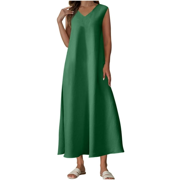 Casual Summer Dresses for Women Texture Sleeveless Seaside Dress Sleeveless V-neck Dress A-Line Party Dress with Pockets