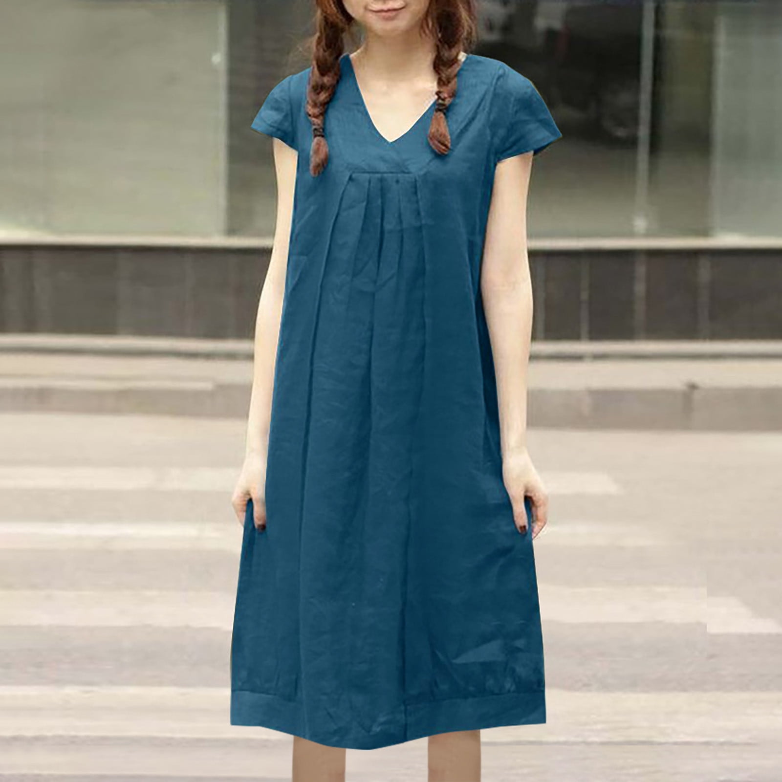Casual Summer Dresses for Women V Neck Short Sleeve Cotton Linen Dress  Solid Color Loose Hide Belly Fat Midi Dress
