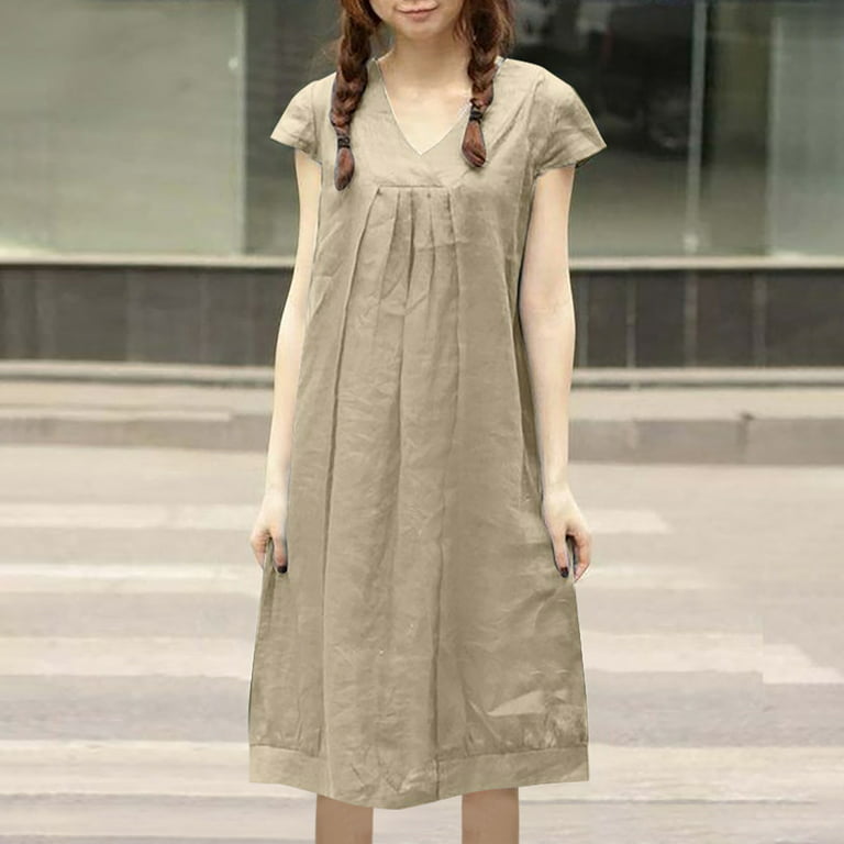 Casual Summer Dresses for Women V Neck Short Sleeve Cotton Linen Dress  Solid Color Loose Hide Belly Fat Midi Dress