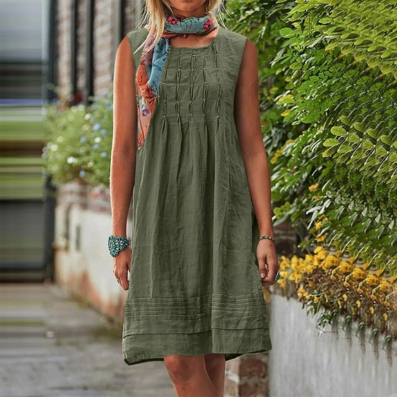 Casual Summer Dresses for Women, Women's Round Neck Sleeveless Pleated Solid Linen Loose Fitting Dress(Olive Green,L)