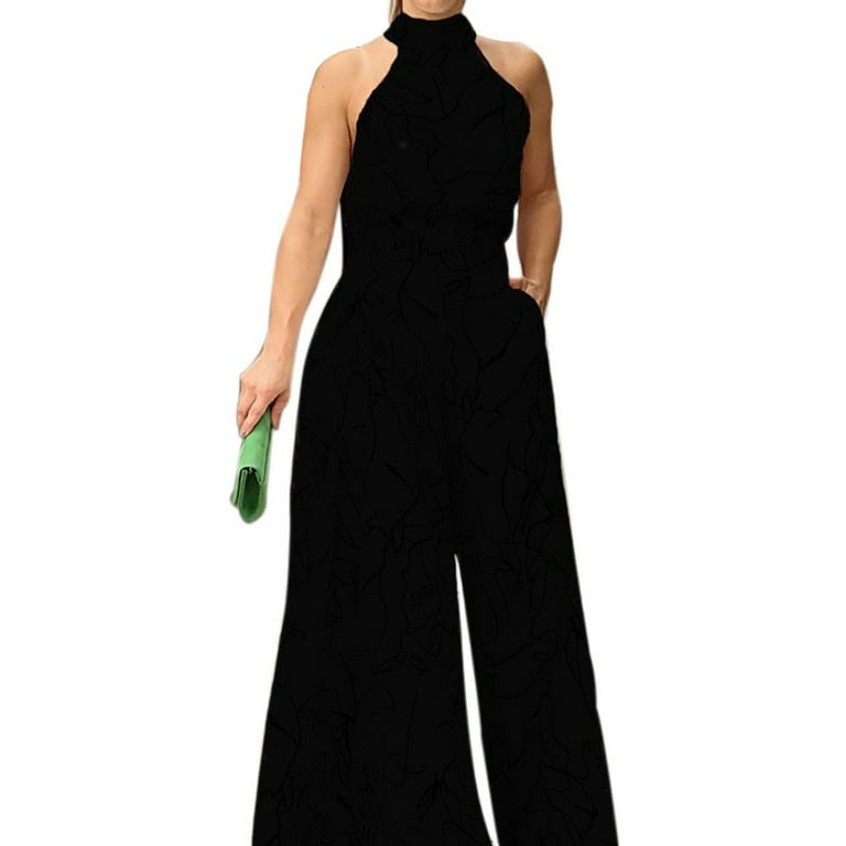 Casual Summer Dressy Jumpsuits Wide Leg Long Pants with Sleeveless Top for Cocktail Wedding Outdoor Business M Pure Black Pattern