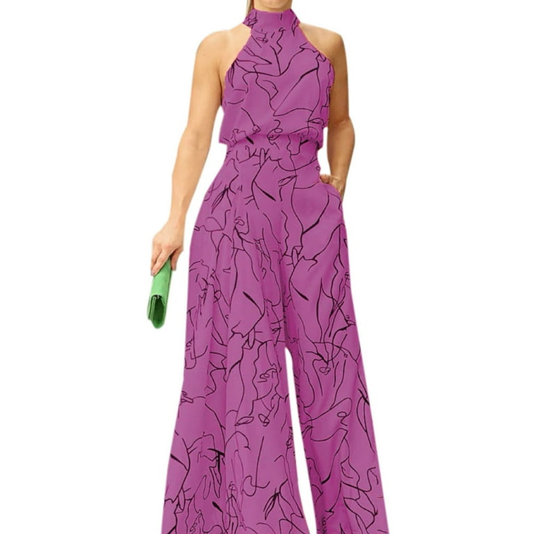Casual Summer Dressy Jumpsuits Wide Leg Long Pants with Sleeveless Top for  Cocktail Wedding Outdoor Business XL Purple