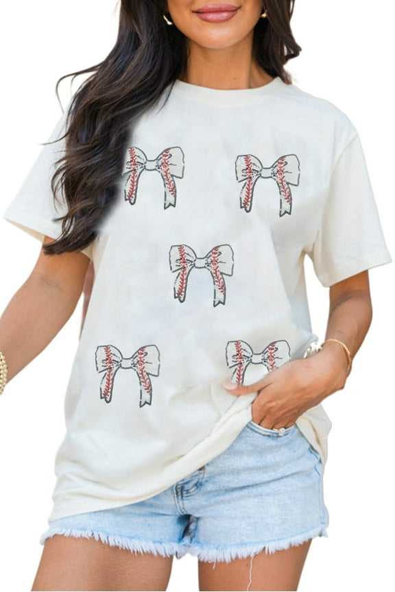 Women's White Glitter Baseball Bow Patched Cotton Blend T-Shirt | (US24-26)3XL