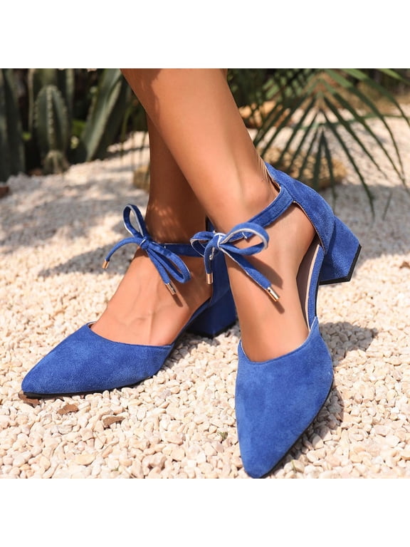Casual Summer Heeled Mules, Women's Ankle Strappy Heels Pointed Closed Toe Dressy Suede Pumps With Bow Ladies Wedding Party Comfortable 2 Inch Low Chunky Block Heels, Blue US-8.5/EU-42