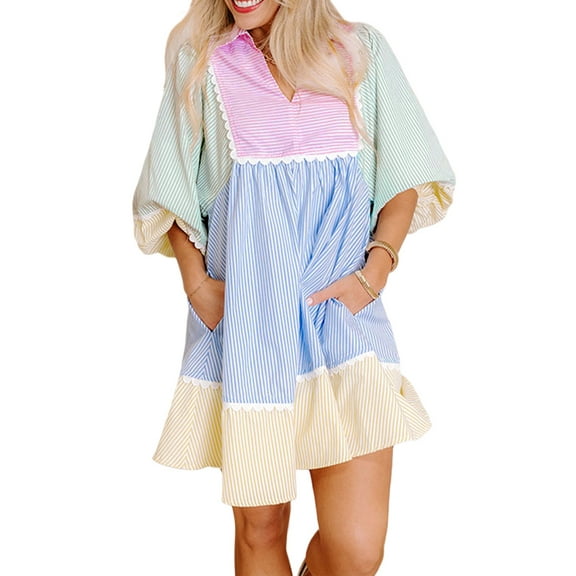 Casual Summer Mini Dress: V Neck, Ric Rac Trim, and Colorblock Stripes | [ZhiHiMeRi] | (US 8-10)M