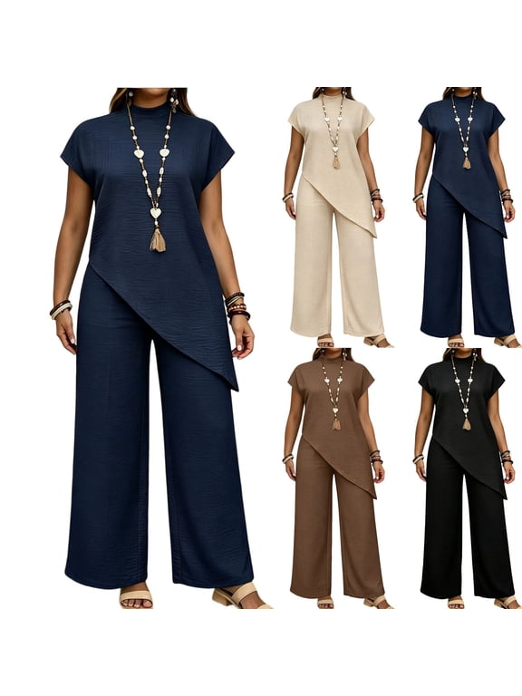Casual Summer Outfits 2 Piece Matching Clothing Set Women Spring And Summer Solid Color Irregular Tops Wide-Leg Pants Suit Brown L