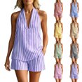 thumbnail image 1 of Casual Summer Outfits 2 Piece Matching Clothing Set Women's Striped V Neck Two-Piece Set Outfit Sleeveless Top And Stretch Waist Shorts Set Summer Vacation Set. Purple L, 1 of 9