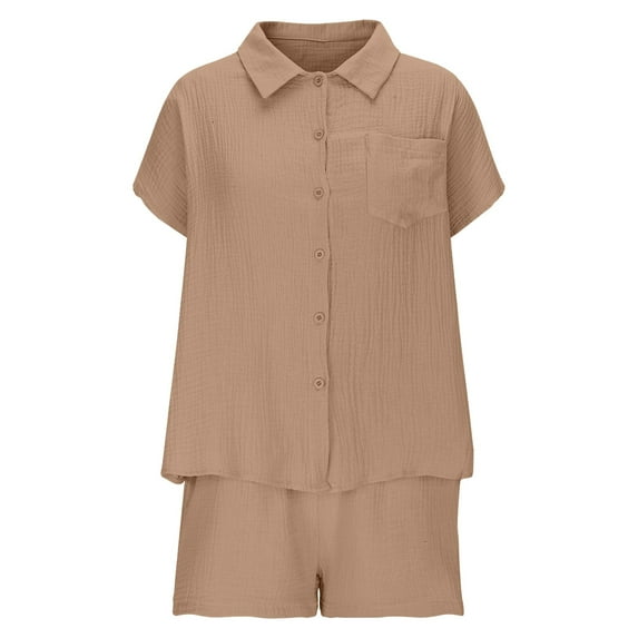 Casual Summer Outfits for Women Save Big Womens Casual 2 Piece Outfits Cotton Linen Sets Button Down Shirt Shorts Resort Wear 2025 Pajama Beach Coverup Set New Khaki XL