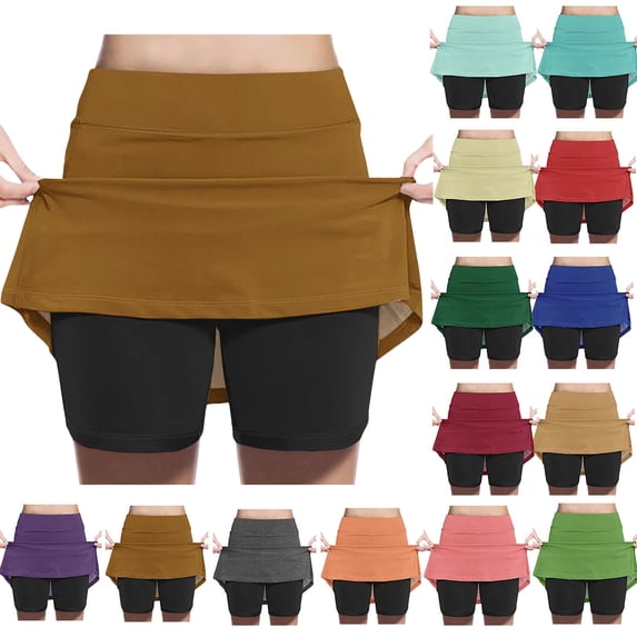 Casual Summer Pleated Beach Dress Zhongda Girls' Fashion Solid Color Patchwork Loose High Waist A-Line Fake Two Piece Sports Pants Skirt Half Body Skirt Brown 8 Years