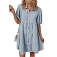 thumbnail image 1 of Casual Summer Shift Dress in Solid Blue - Button Up with Pleated Details and Puff Sleeves | [ZhiHiMeRi] | (US 4-6)S, 1 of 10
