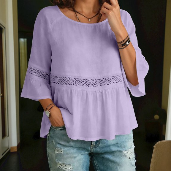 Casual Summer Solid Color Blouse with Flounce Sleeves and Round Neck for Everyday Wear Women Shirts Category, S, Purple