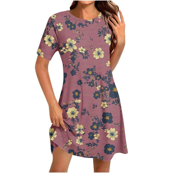 Casual Summer Sundress for Women Short Sleeve Floral DressCrewneck Loose Fit A-Line Dress for Vacation Beach