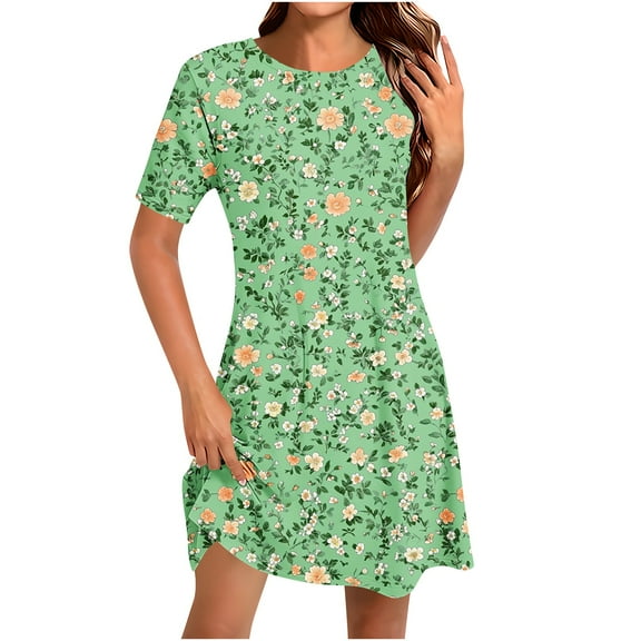 Casual Summer Sundress for Women Short Sleeve Floral DressCrewneck Loose Fit A-Line Dress for Vacation Beach