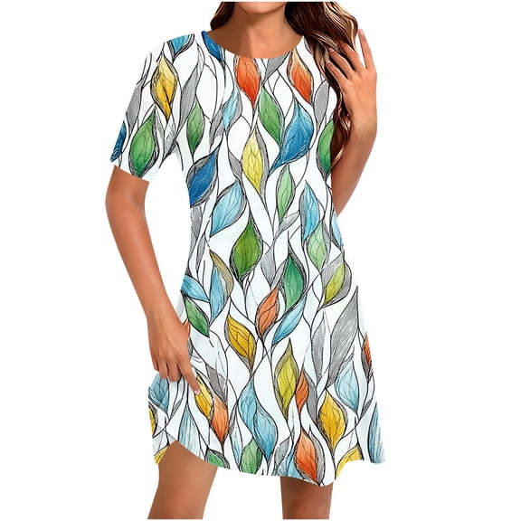 Casual Summer Sundress for Women Short Sleeve Floral DressCrewneck Loose Fit A-Line Dress for Vacation Beach