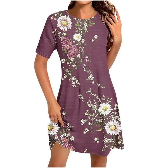 Casual Summer Sundress for Women Short Sleeve Floral DressCrewneck Loose Fit A-Line Dress for Vacation Beach