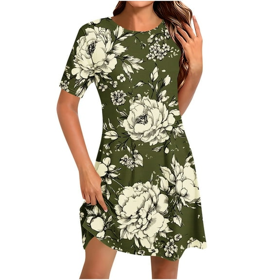 Casual Summer Sundress for Women Short Sleeve Floral DressCrewneck Loose Fit A-Line Dress for Vacation Beach