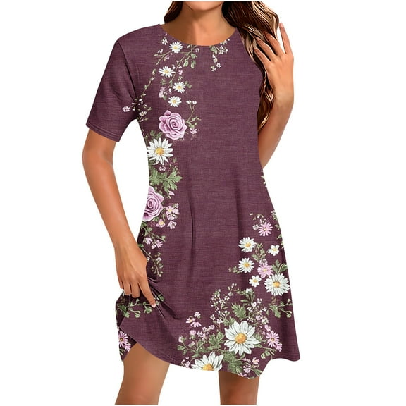 Casual Summer Sundress for Women Short Sleeve Floral DressCrewneck Loose Fit A-Line Dress for Vacation Beach