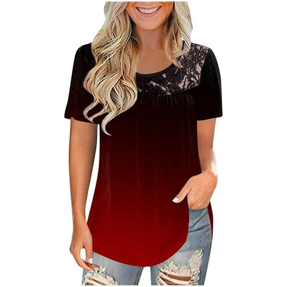 Casual Summer Tee Shirts for Women Floral Lace Crewneck Short Sleeve Work Office Blouses Loose Basic Tunic Tee Tops
