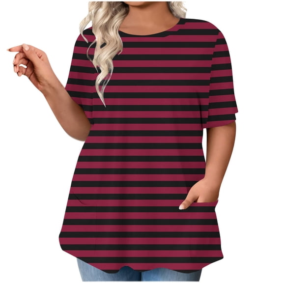 Casual Summer Tops for Women Striped Print Shirt Short Sleeve Round Neck Shirts Plus Size Tunic Tops with Pockets Loose Fit Dressy Blouse