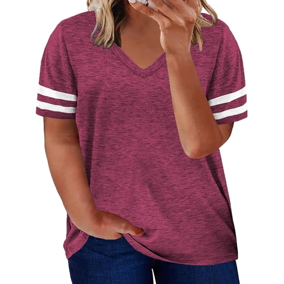 Casual Summer Tops for Women V Neck T Shirts Short Sleeve Tunic Tops Loose Fit Women's Striped Strappy V-neck Color-Plaid T-shirt