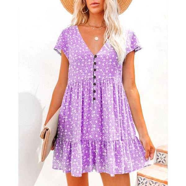 Casual Summer Women s Floral Dress Tank Top Button Design V Neck Front Short Sleeve Graduation Dress Women s Summer Beach Dress Walmart