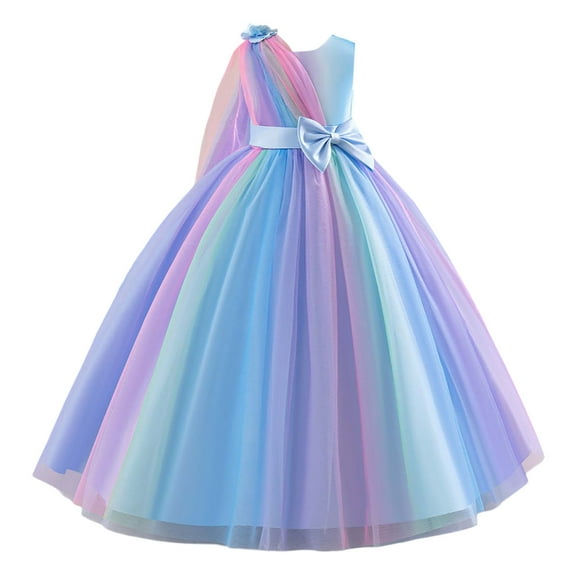 Casual Sundress for Kid Girls Long Party Rainbow Tutu with Ribbon Round Neck Sleeveless Bowknot Layered Princess Birthday Child Kids Daily Dresses 4-5 T