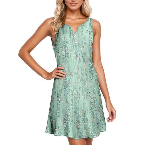 Casual Sundress for Women Sleeveless V Neck Floral Print Button Front Loose Mini Dress With Pockets Spring Light Green