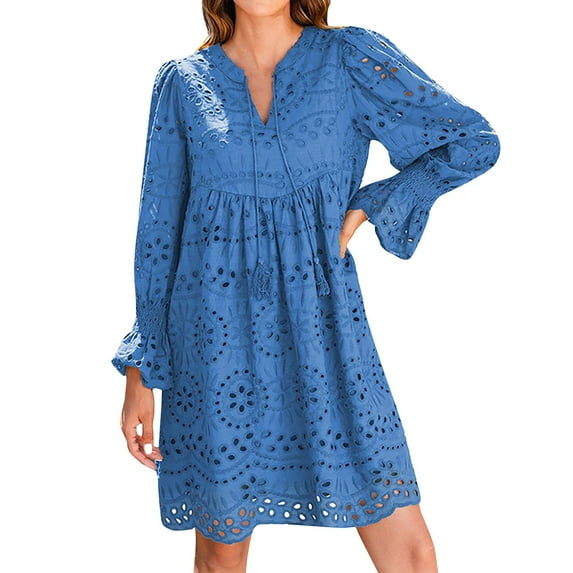 Casual Sundresses For Women 2025, Eyelet Easter Dress Embroidery Lace Long Sleeve V Neck Casual Boho Beach Vacation Wedding Guest Dresses Halter Men Dress Socks Dresses Denim (M, Blue) ZMTing