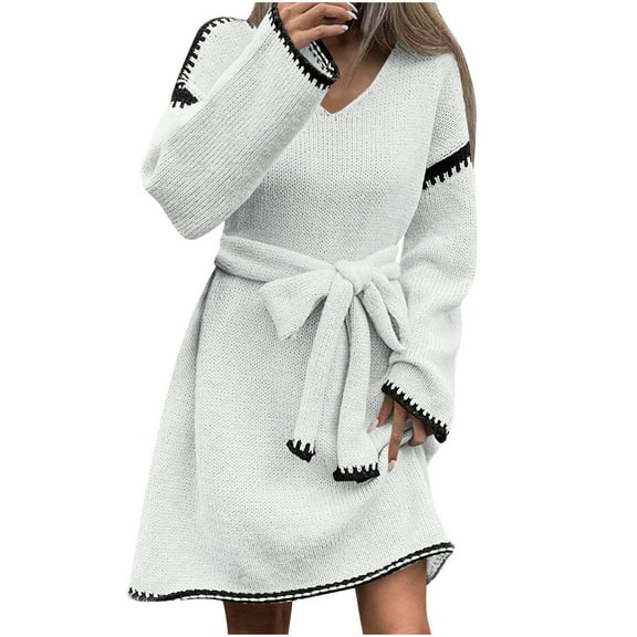 Casual Sweater Dress for Women V Neck Color Block Stitching Loose Fit Long Dress Pullover Dress Trendy Fall Outfits