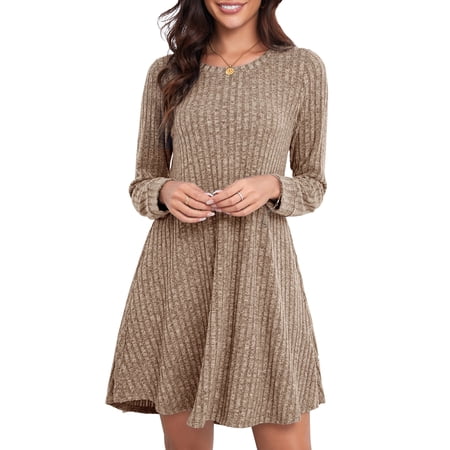 Casual Sweater Dresses for Women, CRAYNER Sweater Dresses Long Sleeve Crew Neck Fall Winter Dress with Pockets, 2XL
