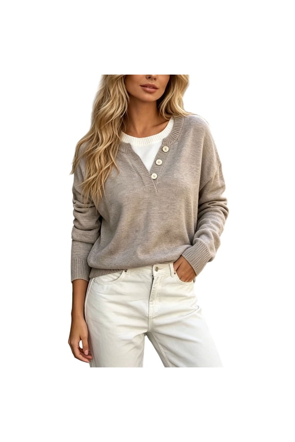 Casual Sweater for Women Solid 2 in 1 Long Sleeve Pullover Sweater Versatile Lounge Office Sweaters XL