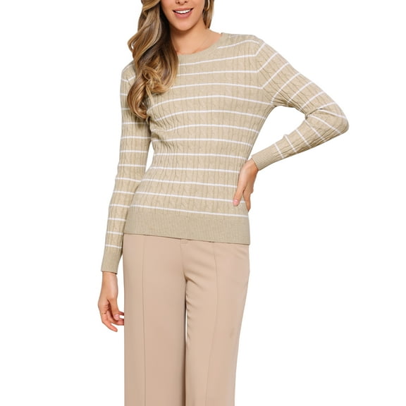 Striped Sweater Tops for Women's Cable Knit Round Neck Fall Winter Pullover Sweaters Trendy XS Beige